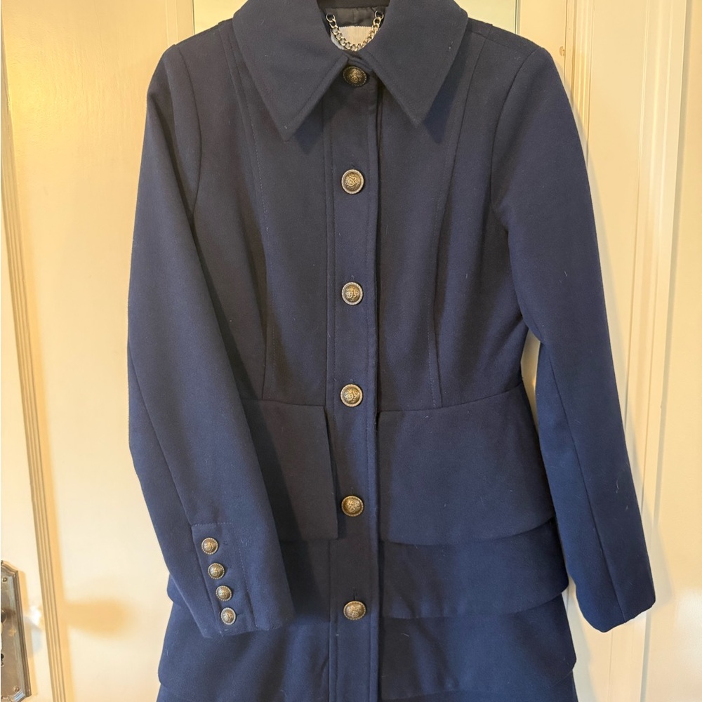 BBDakota Navy Over-Coat with ruffled peplum